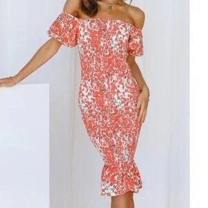 Hello Molly Floral Orange Red Smocked Puff Sleeve Midi Dress Small Bodycon